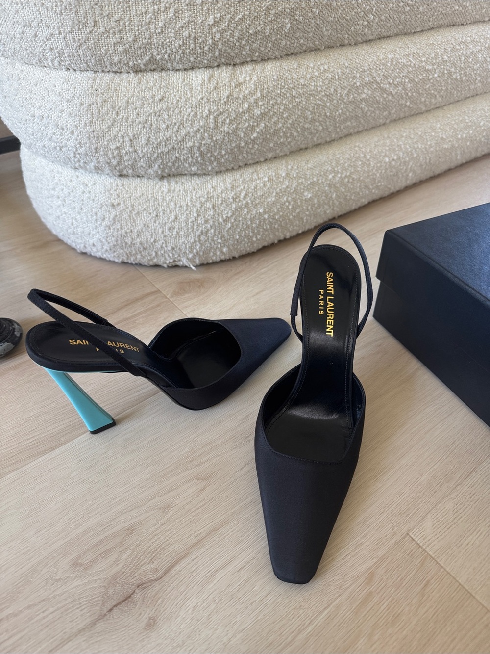 Saint Laurent Black Slingback Pumps with Turquoise Heel